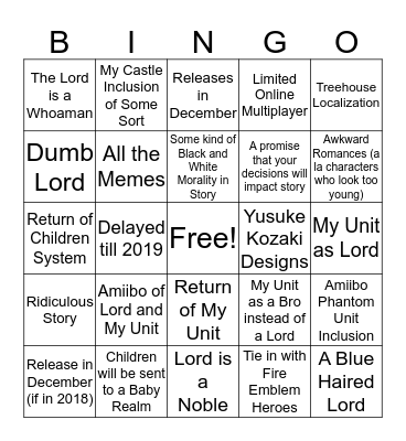 Fire Emblem Switch Predictions Bingo Card