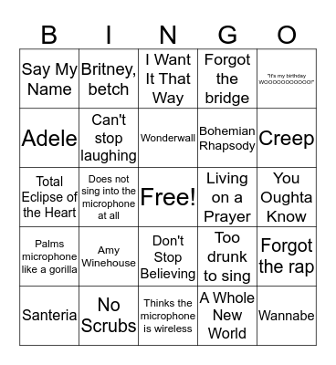 Karaoke Party Fouls Bingo Card