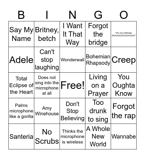 Karaoke Party Fouls Bingo Card