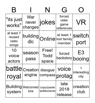 Fallout 76 Bingo Card
