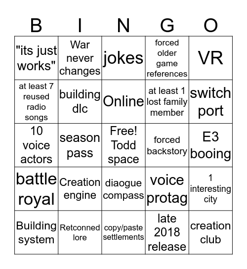 Fallout 76 Bingo Card