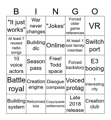 Fallout 76 Bingo Card