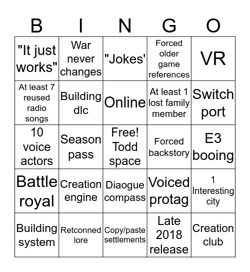 Fallout 76 Bingo Card