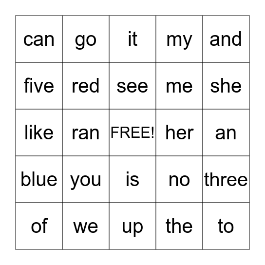 Sight Word 1 - 7 Bingo Card