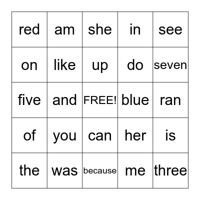 Sight Words 1 - 7 Bingo Card