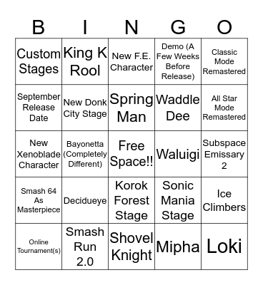 Smash for Switch @ E3 2018 Bingo Card