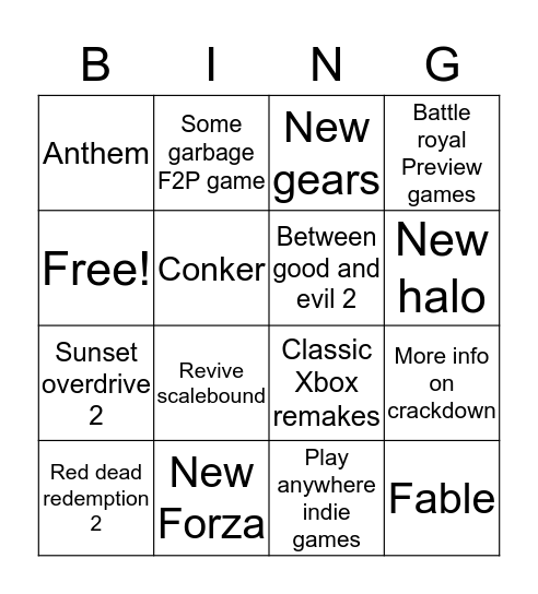 XBOX E3 Bingo Card