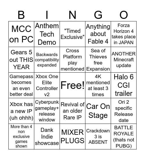 Xbox E3 2018 Bingo Card