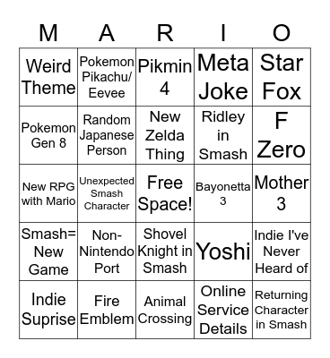 Nintendo E3 Bingo Card