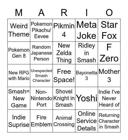 Nintendo E3 Bingo Card