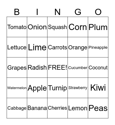 Fruit &Veggie  Bingo Card