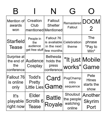 Bethesda E3 Press Conference Bingo Card