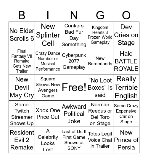 E3 2018 Bingo Card