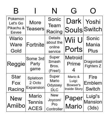 Nintendo E3 2018 Bingo Card