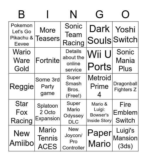 Nintendo E3 2018 Bingo Card