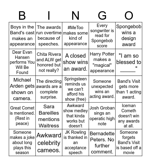 Tony Awards 2018 Bingo Card