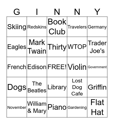 Ginny's Birthday Bingo Card