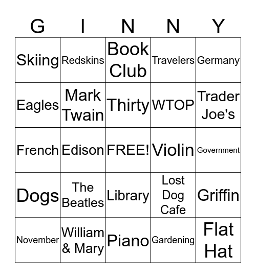 Ginny's Birthday Bingo Card