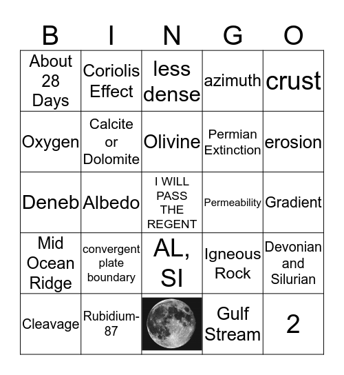 Earth Science Regent Version B Bingo Card