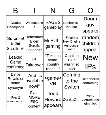 Bethesda E3 2018 Conference Bingo Card