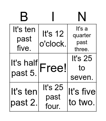 What time is it? Bingo Card