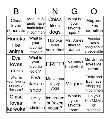 Getting To Know Each Other Bingo Card
