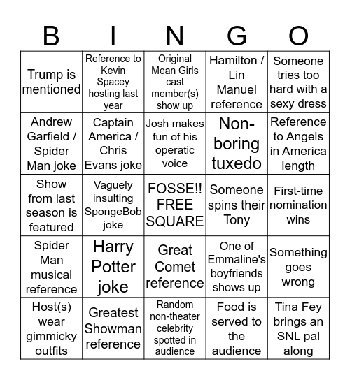 2018 TONY AWARDS BINGO Card