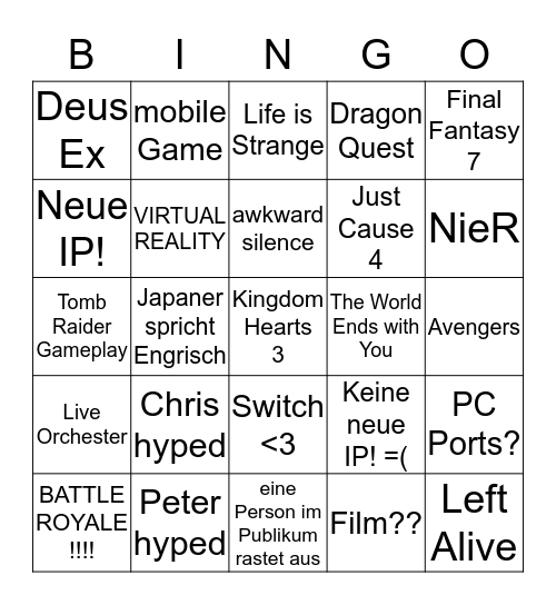 E3 Square Enix 2018 Bingo Card