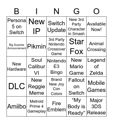 Nintendo E3 Bingo Card