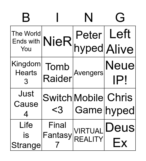 E3 Square Enix 2018 Bingo Card