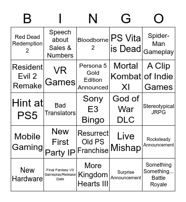 Sony E3 Bingo Card