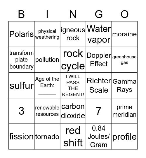 Earth Science Regent Version F Bingo Card