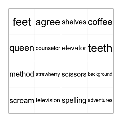 SPELLING Bingo Card