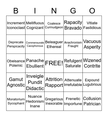 Vocabulary Bingo  Bingo Card