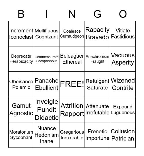 Vocabulary Bingo  Bingo Card