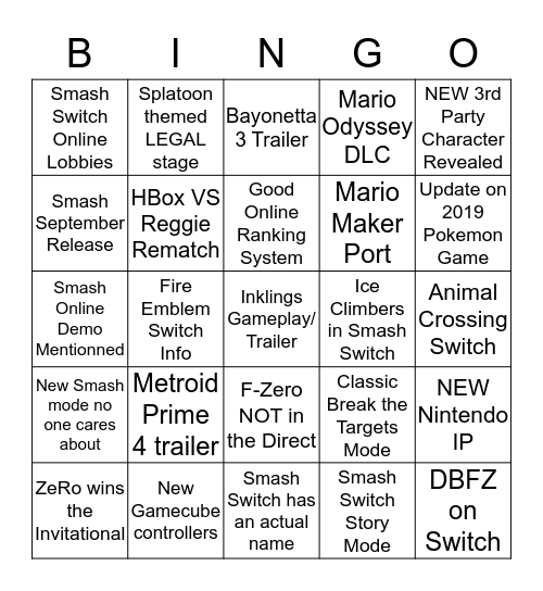 Nintendo / Smash Bingo Smash4QC Bingo Card