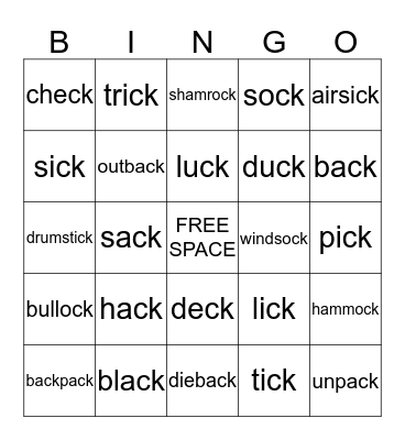 "ck"  words Bingo Card