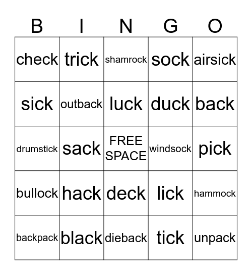 "ck"  words Bingo Card