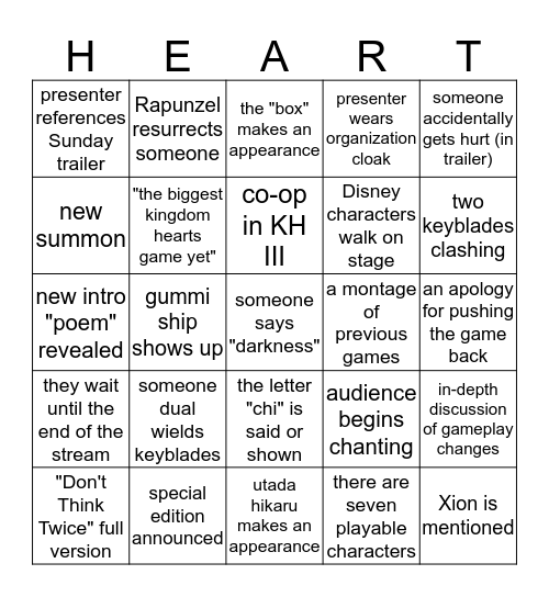 KH III at E3 - Square Enix Bingo Card