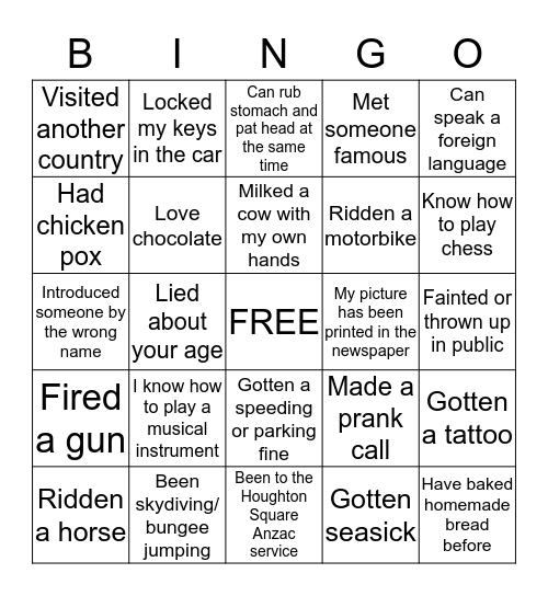 Life Experiences Bingo Card
