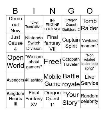 Square Enix E3 Bingo Card