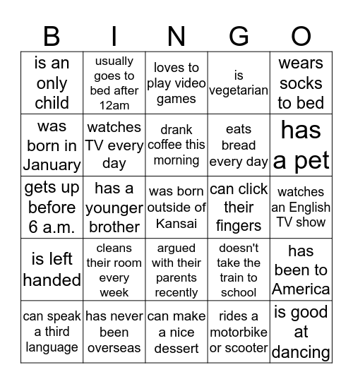 Mingle Bingo Card