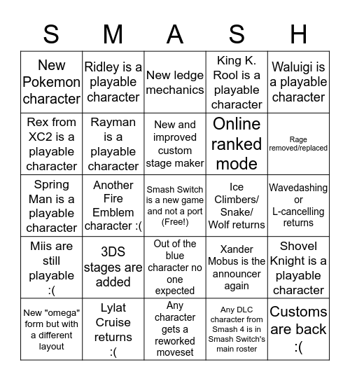Smash Switch Bingo Card