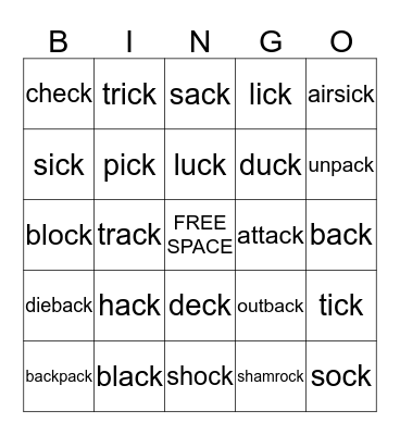 "ck"  words Bingo Card