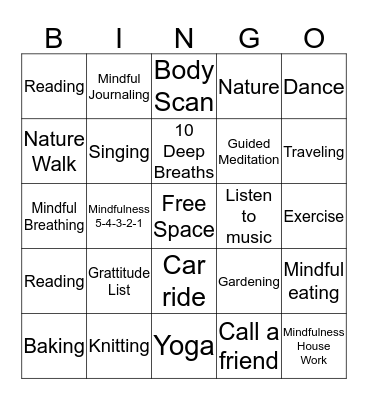 Mindfulness Bingo Card