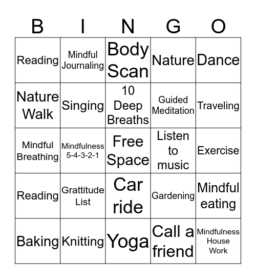 Mindfulness Bingo Card