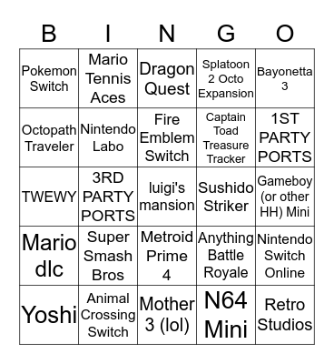 Nintendo E3 2018 Bingo Card