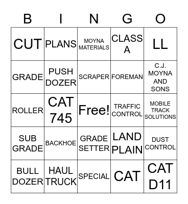 Earth Moving Bingo Card