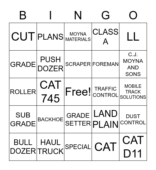 Earth Moving Bingo Card