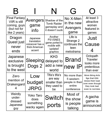 Square Enix E3 2018 Bingo Card